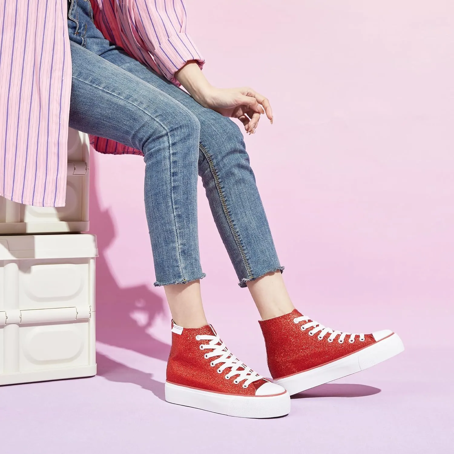 ALTOCIS Glitter Platform Fashion Sneakers,Sparkly Bling Mid Calf Sneaker for Women,Cute Comfortable Platform High Top Sneakers