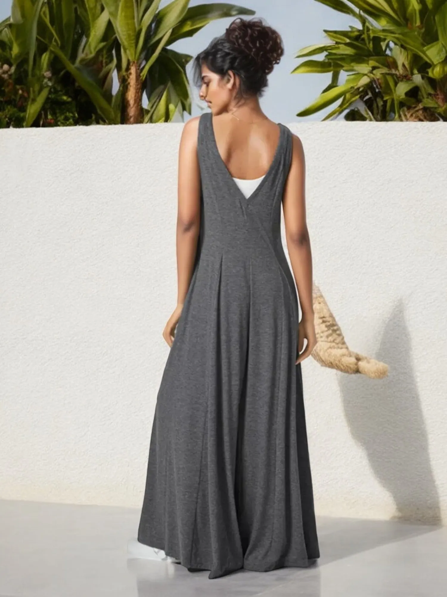 Anna-Kaci Women's V-Neck Wide Leg Jumpsuit with Side Pockets