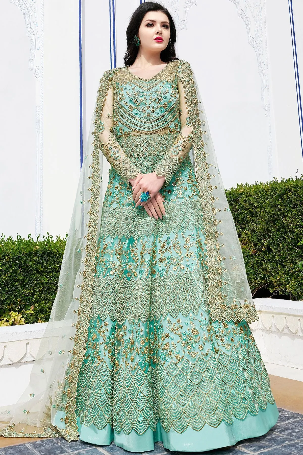 Arctic Blue Net Party Wear Anarkali Suit