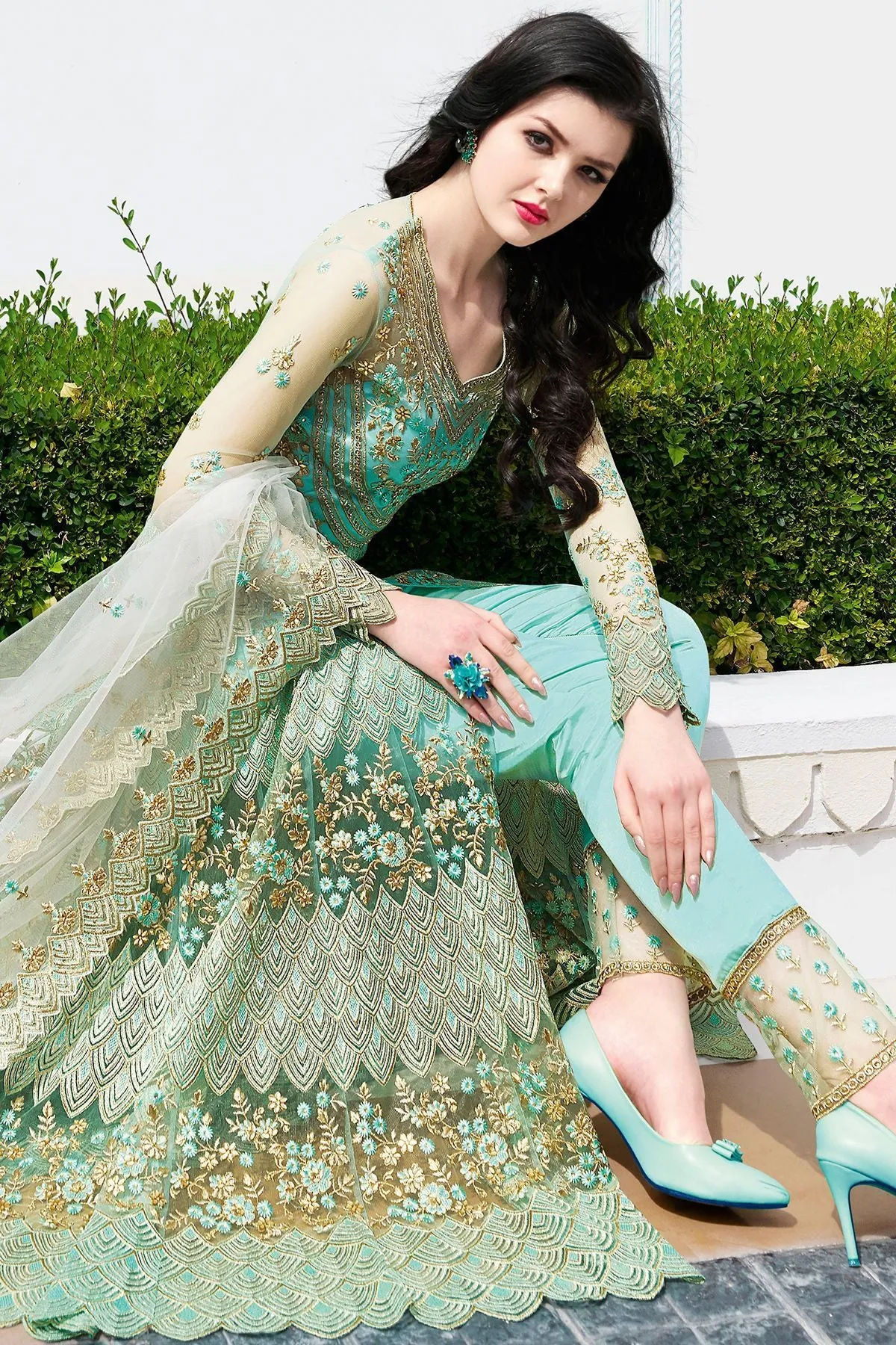 Arctic Blue Net Party Wear Anarkali Suit