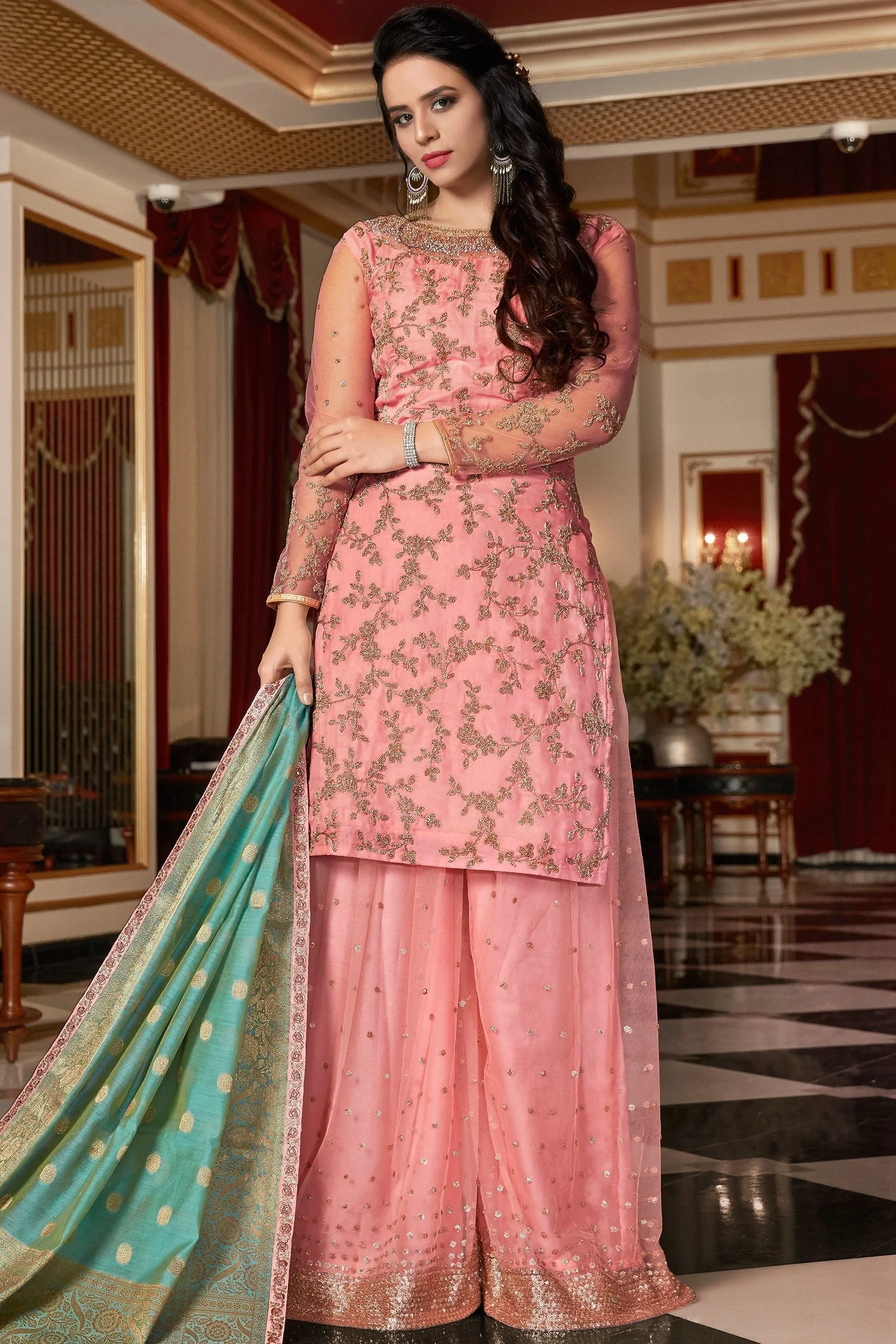 Baby Pink Embroidered Sharara Suit