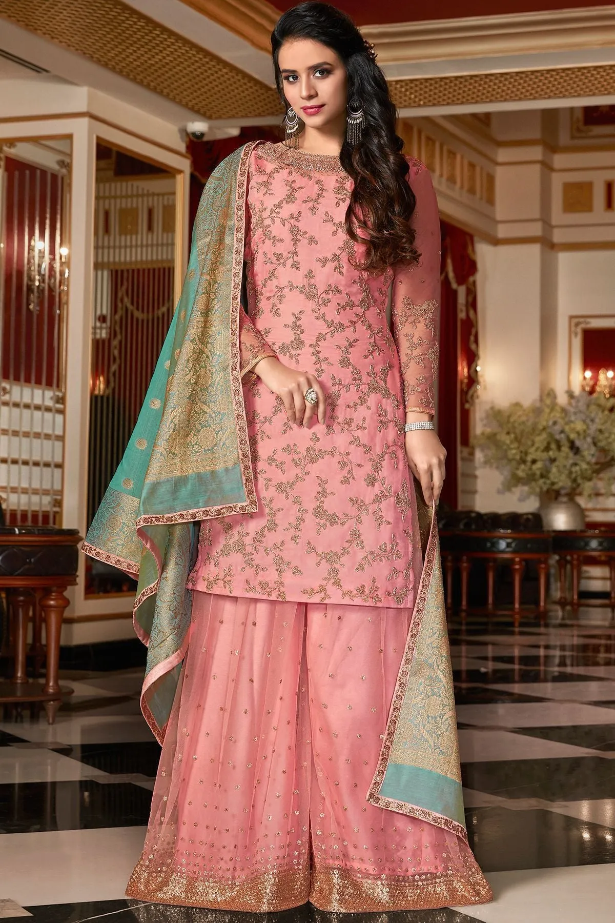 Baby Pink Embroidered Sharara Suit