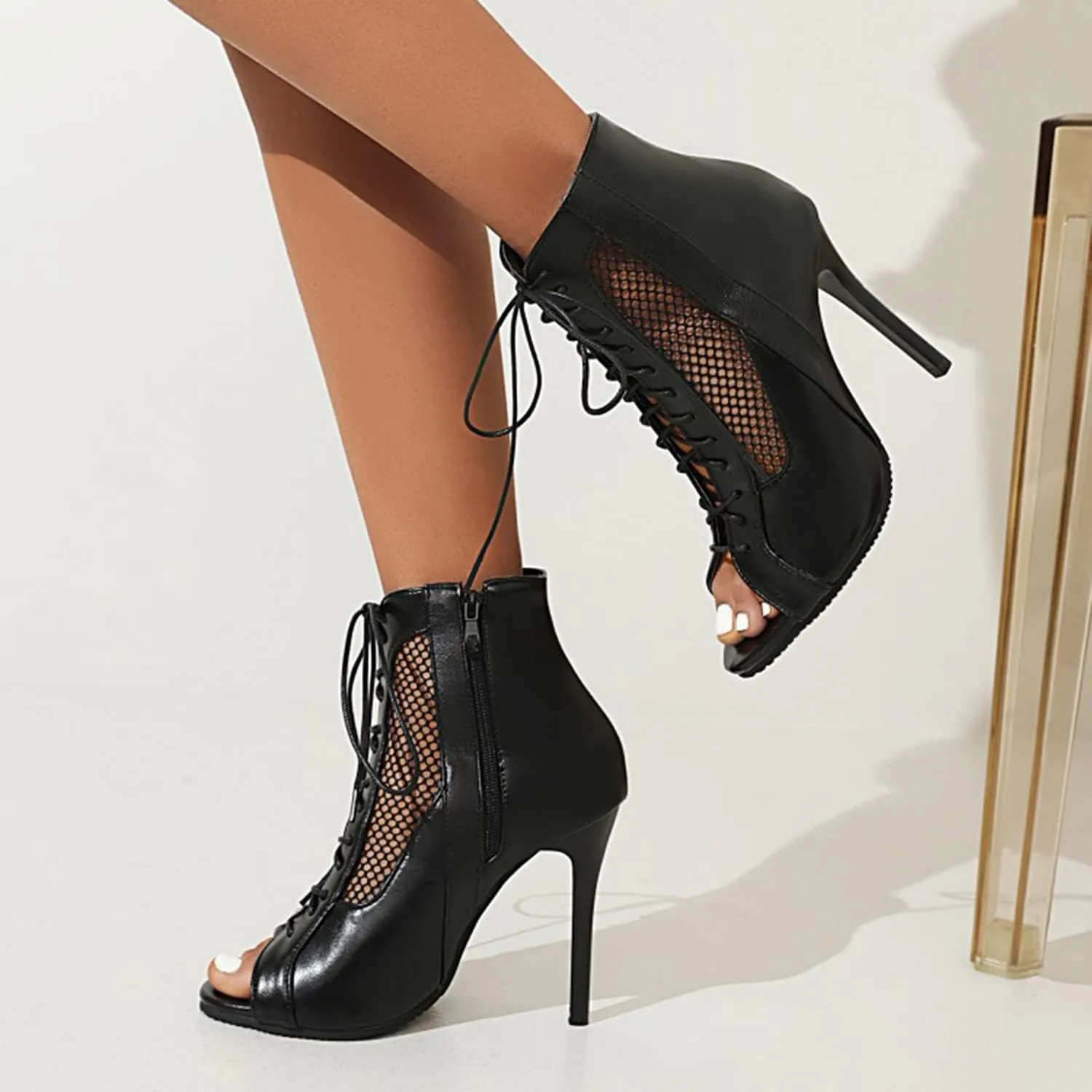 bbruriy Open Toe Dance Boots Women Latin Ballroom Lace-Up Ankle Dance Shoes Side Zip Stilettos High Heels