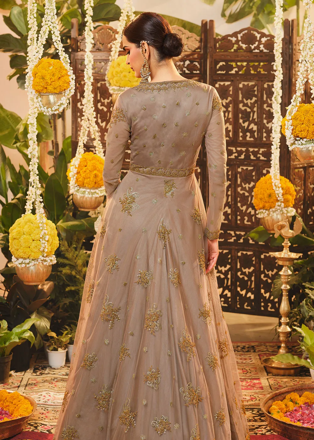 Beautiful Beige Mauve Embroidered Designer Floor Length Anarkali