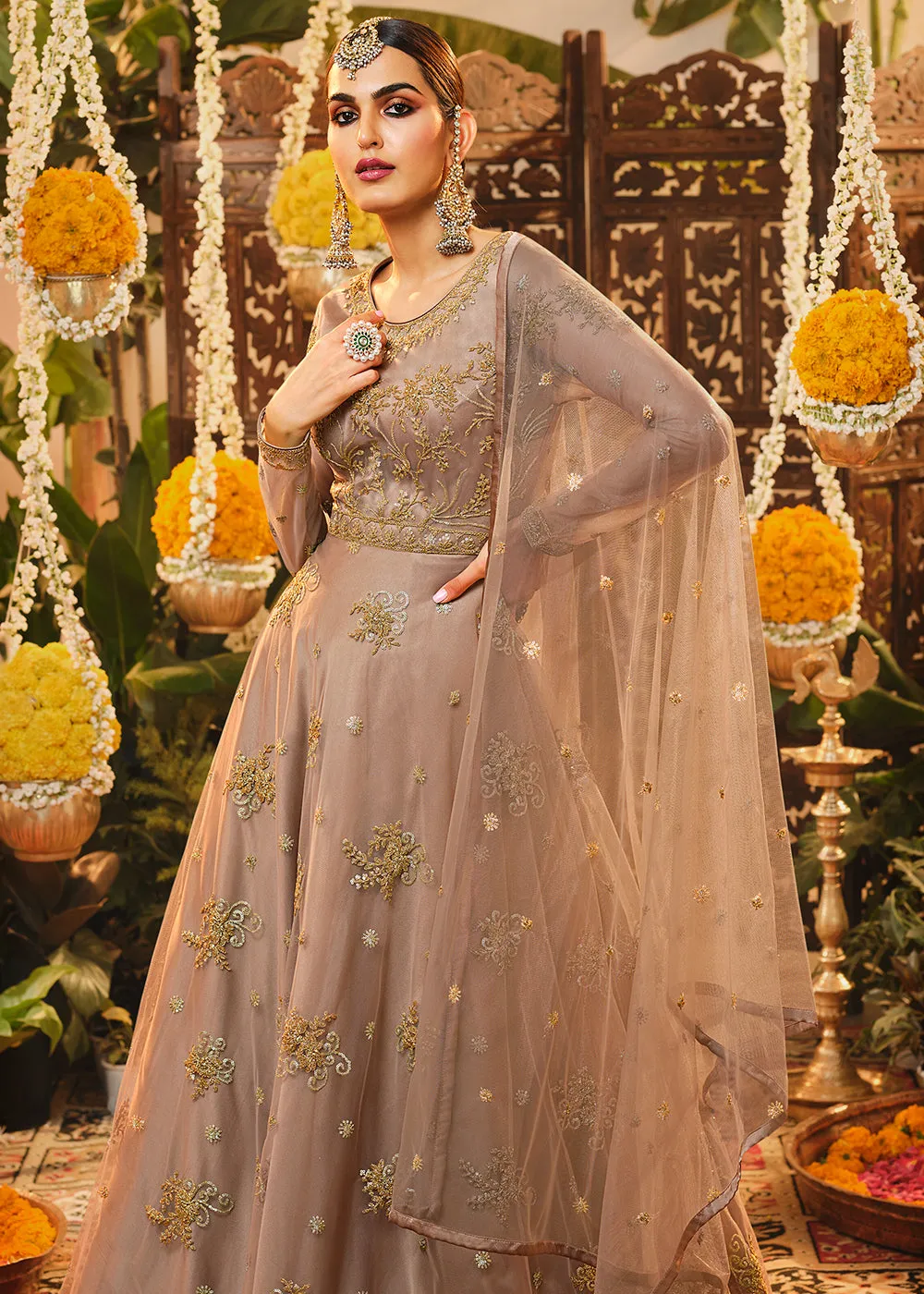 Beautiful Beige Mauve Embroidered Designer Floor Length Anarkali