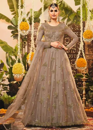 Beautiful Beige Mauve Embroidered Designer Floor Length Anarkali