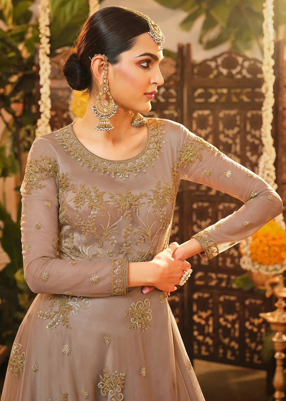 Beautiful Beige Mauve Embroidered Designer Floor Length Anarkali
