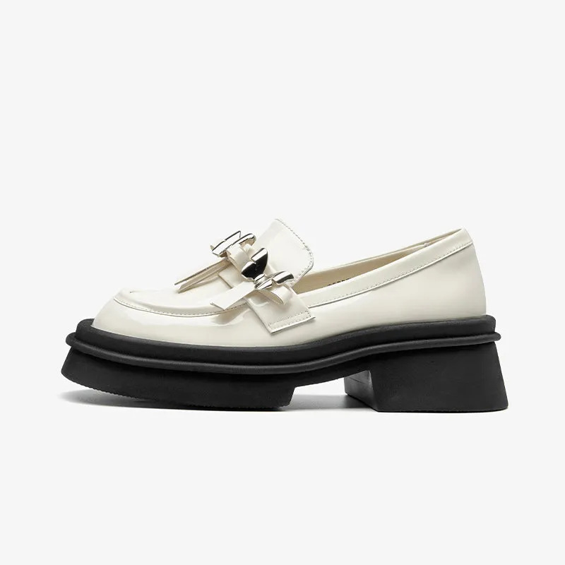 BeauToday Patent Leather Platform Loafers with Metal Butterfly-knot Decoration for Women