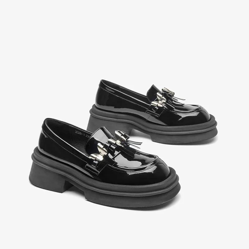BeauToday Patent Leather Platform Loafers with Metal Butterfly-knot Decoration for Women