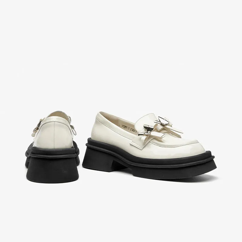 BeauToday Patent Leather Platform Loafers with Metal Butterfly-knot Decoration for Women