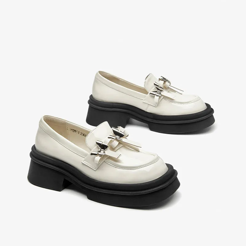 BeauToday Patent Leather Platform Loafers with Metal Butterfly-knot Decoration for Women