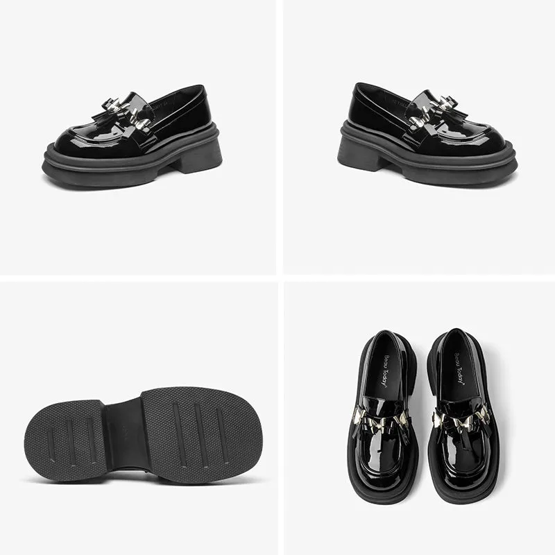 BeauToday Patent Leather Platform Loafers with Metal Butterfly-knot Decoration for Women
