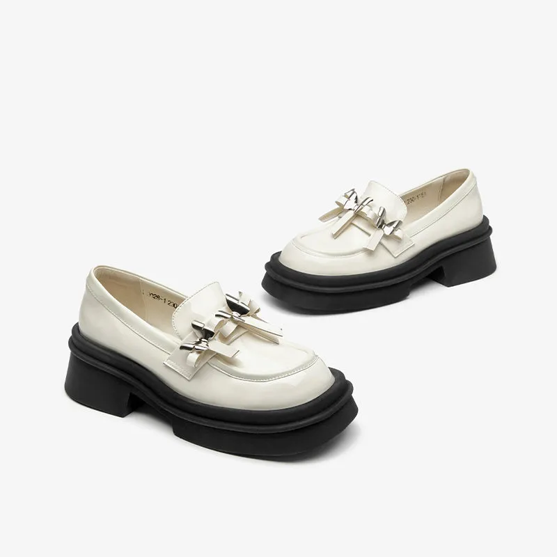 BeauToday Patent Leather Platform Loafers with Metal Butterfly-knot Decoration for Women