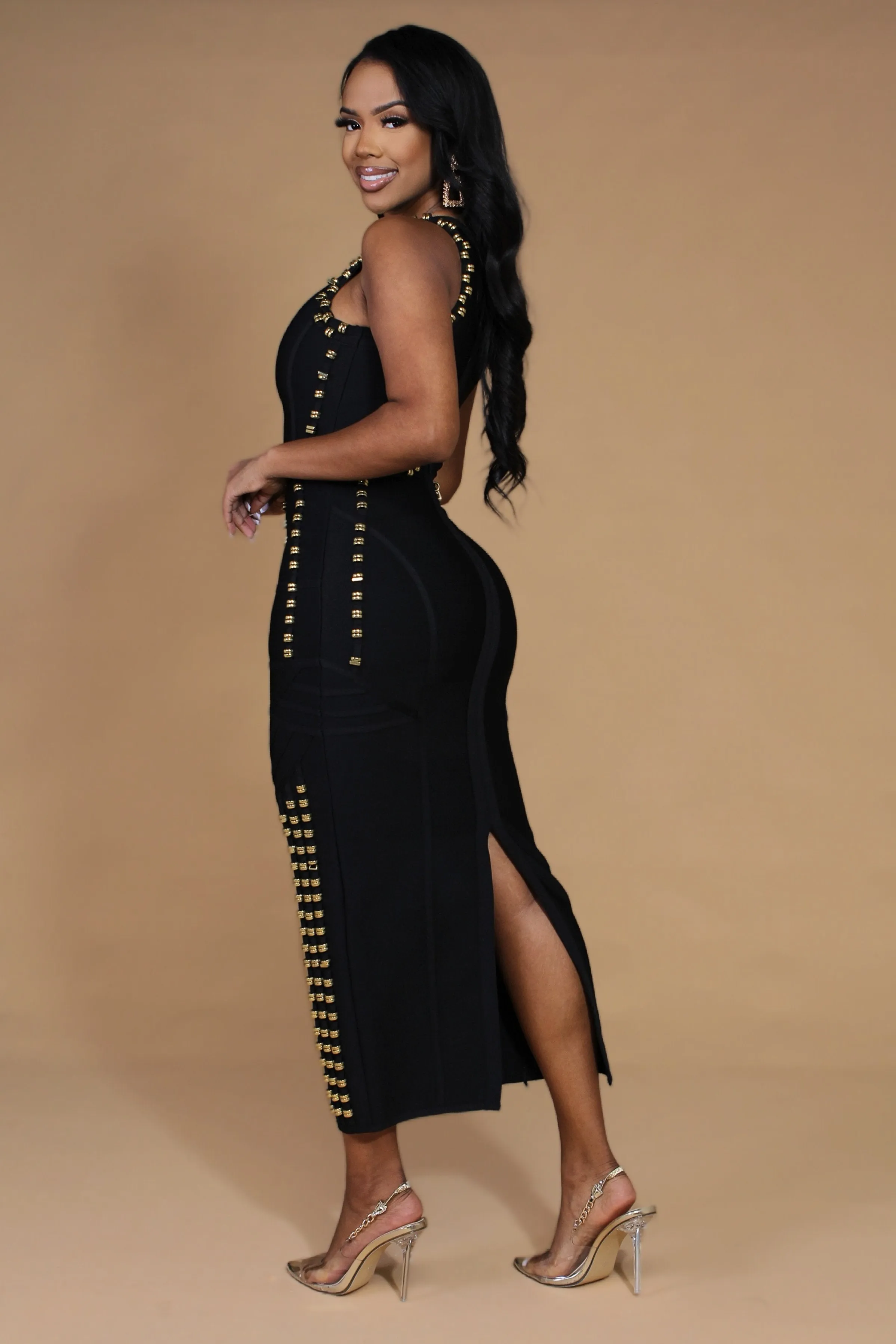 Beauty on Fire Gold Accent Bandage Maxi Dress