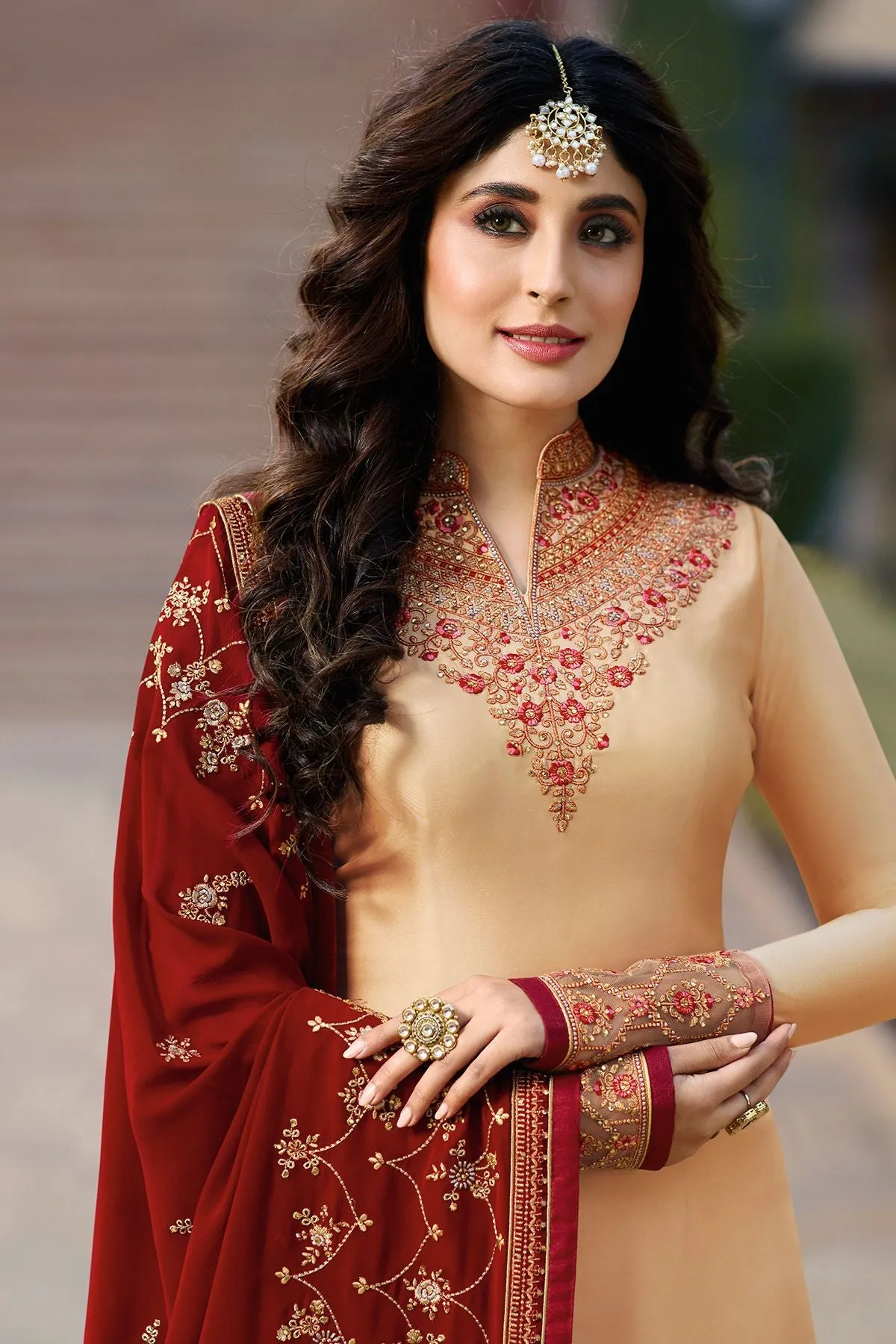 Beige Georgette Casual Straight Suit
