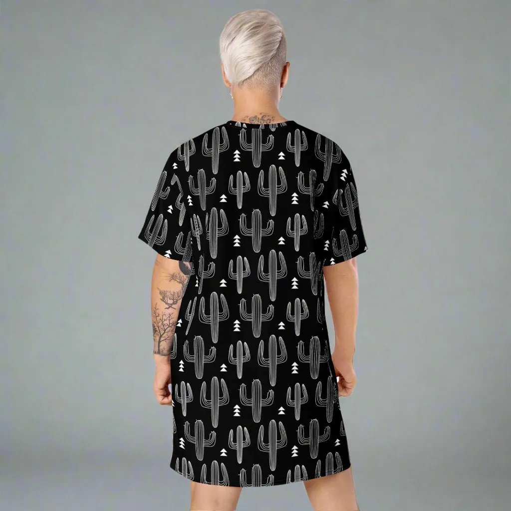 Black and White Cactus Print Oversized T-Shirt Dress 2XS-6XL