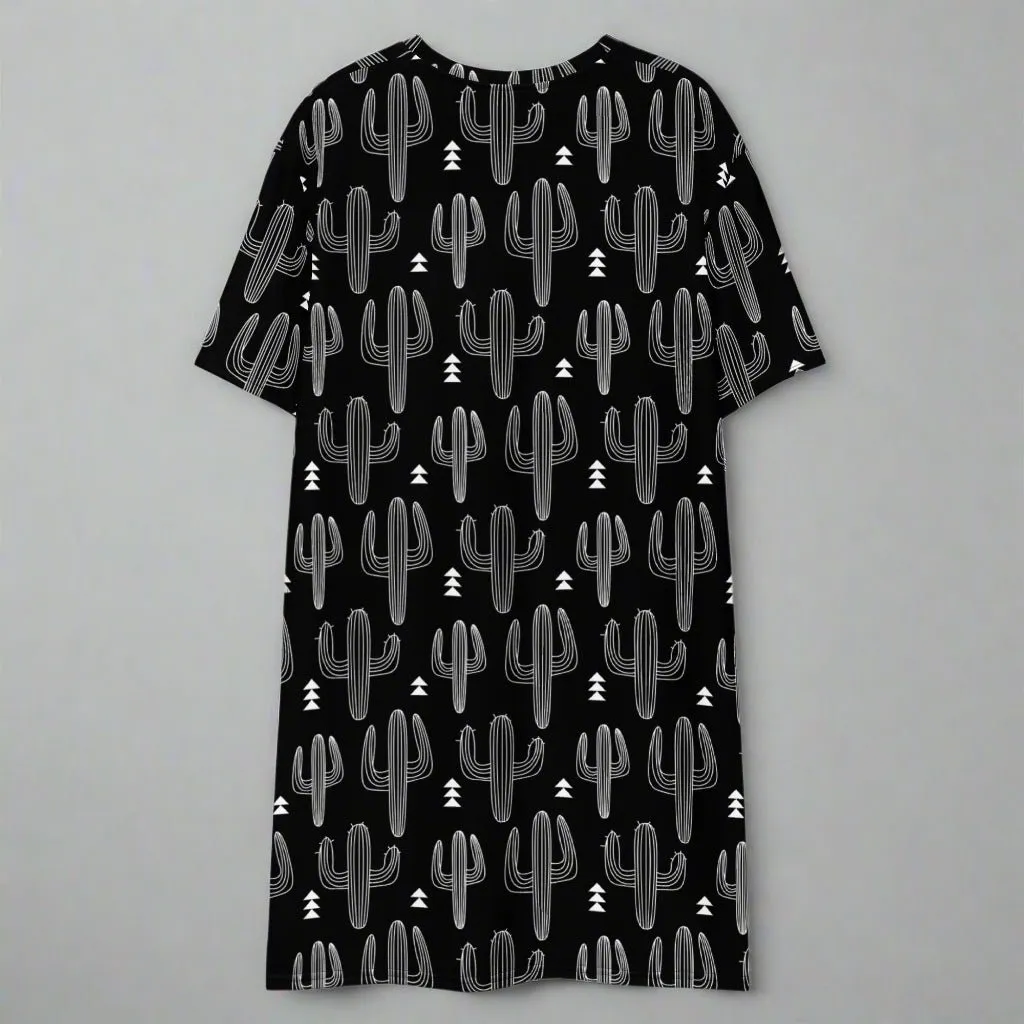 Black and White Cactus Print Oversized T-Shirt Dress 2XS-6XL