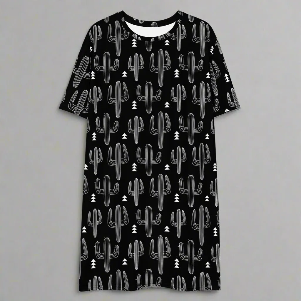 Black and White Cactus Print Oversized T-Shirt Dress 2XS-6XL