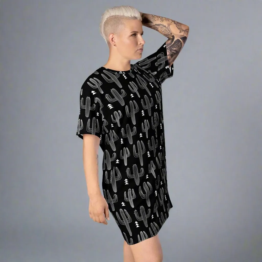 Black and White Cactus Print Oversized T-Shirt Dress 2XS-6XL
