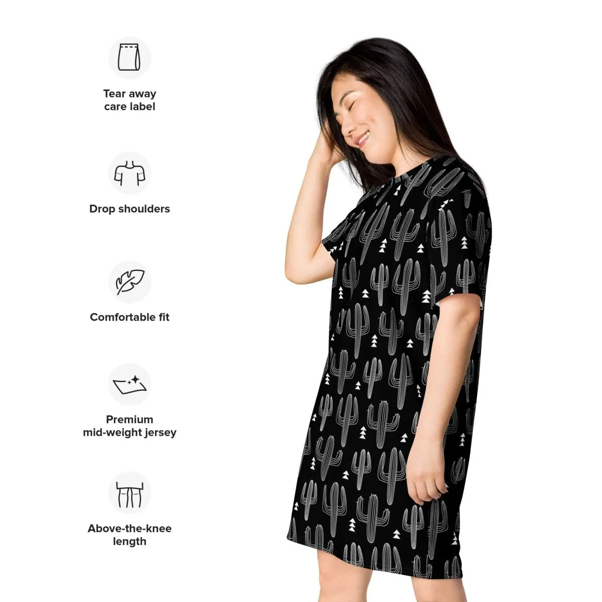 Black and White Cactus Print Oversized T-Shirt Dress 2XS-6XL