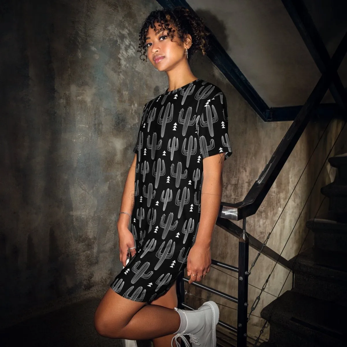 Black and White Cactus Print Oversized T-Shirt Dress 2XS-6XL