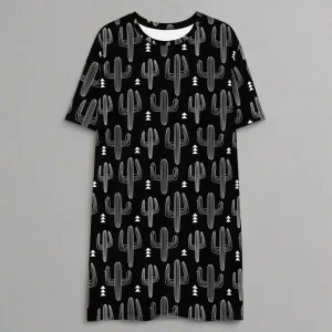 Black and White Cactus Print Oversized T-Shirt Dress 2XS-6XL