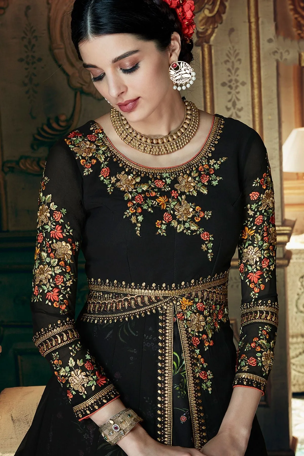 Black Georgette Embroidered Anarkali Suit