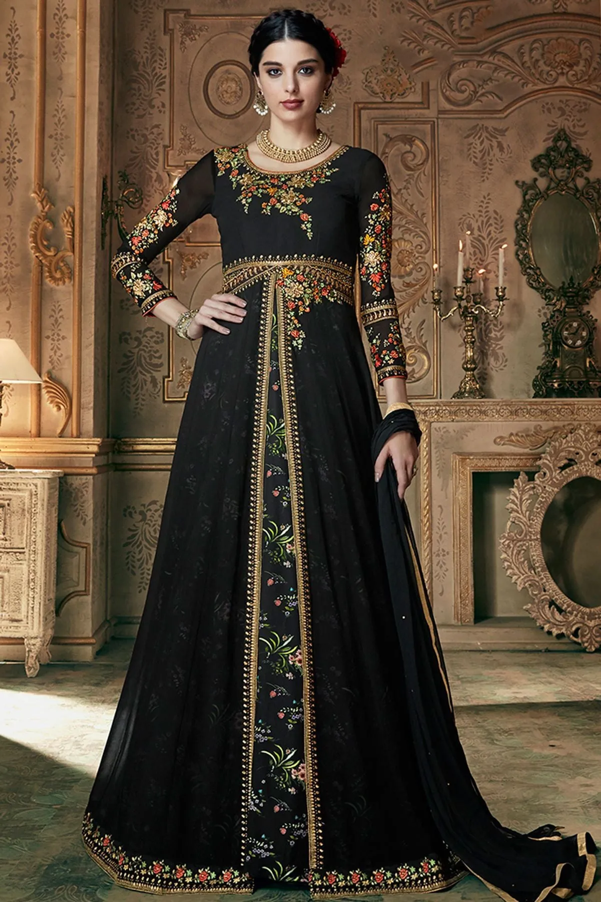 Black Georgette Embroidered Anarkali Suit
