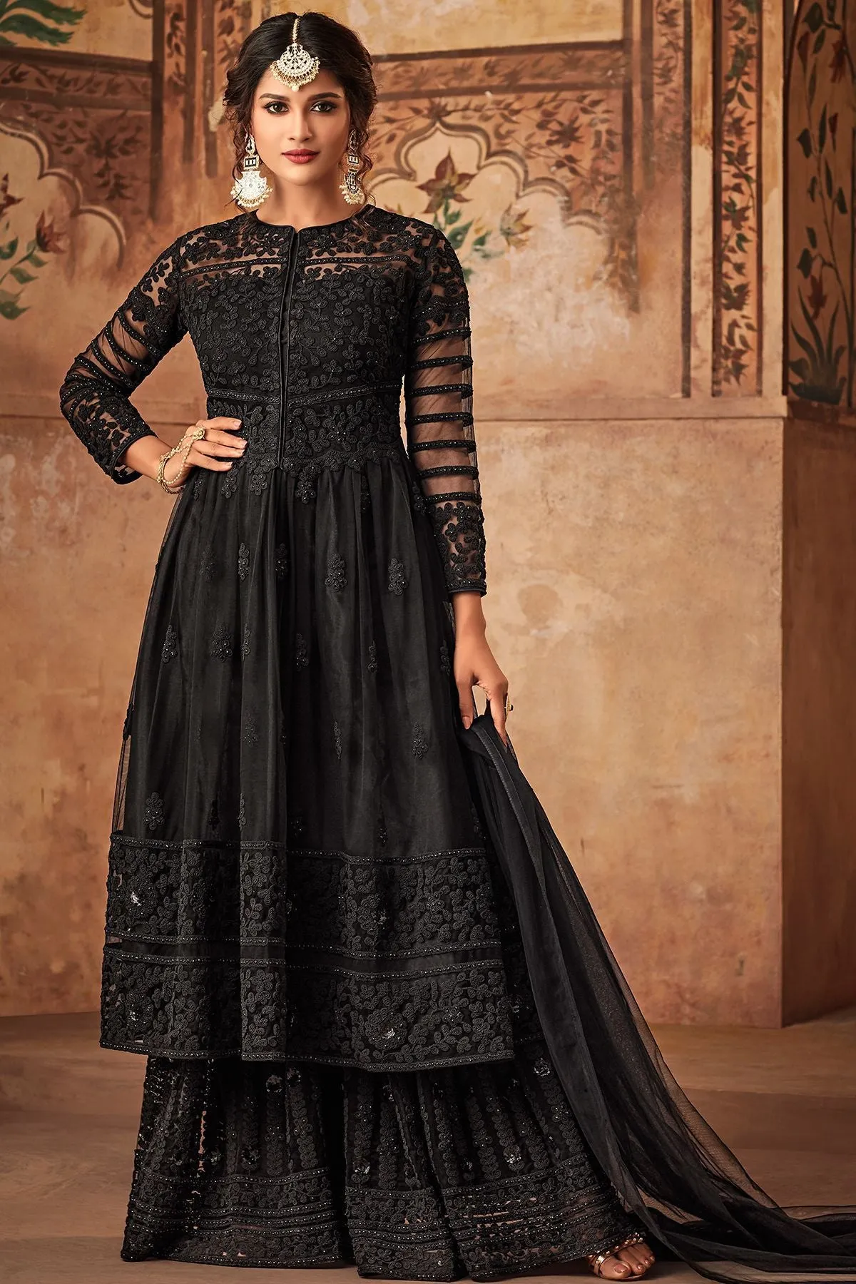 Black Net Embroidered palazzo Suit
