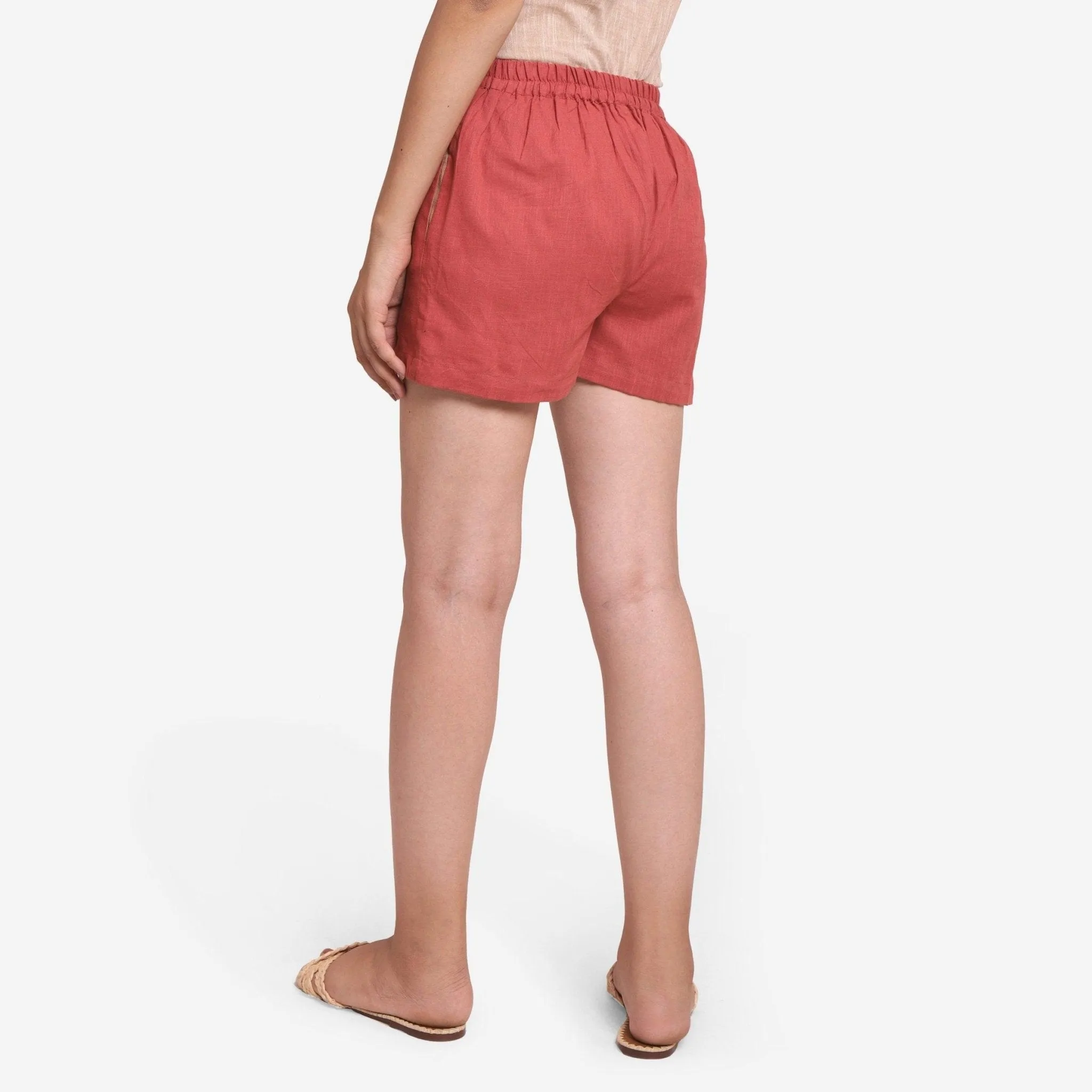 Brick Red Cotton Elasticated Mid-Rise Shorts