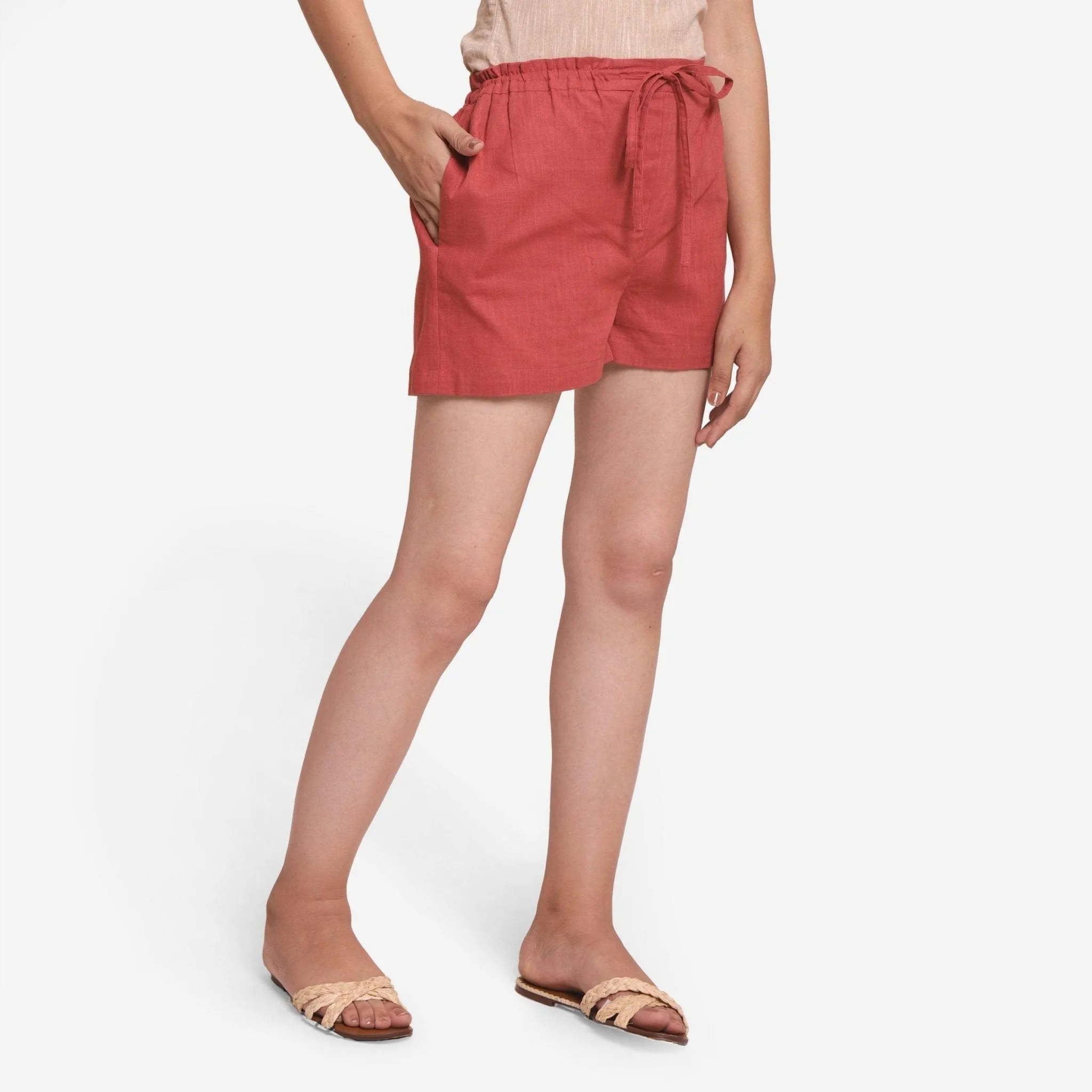 Brick Red Cotton Elasticated Mid-Rise Shorts