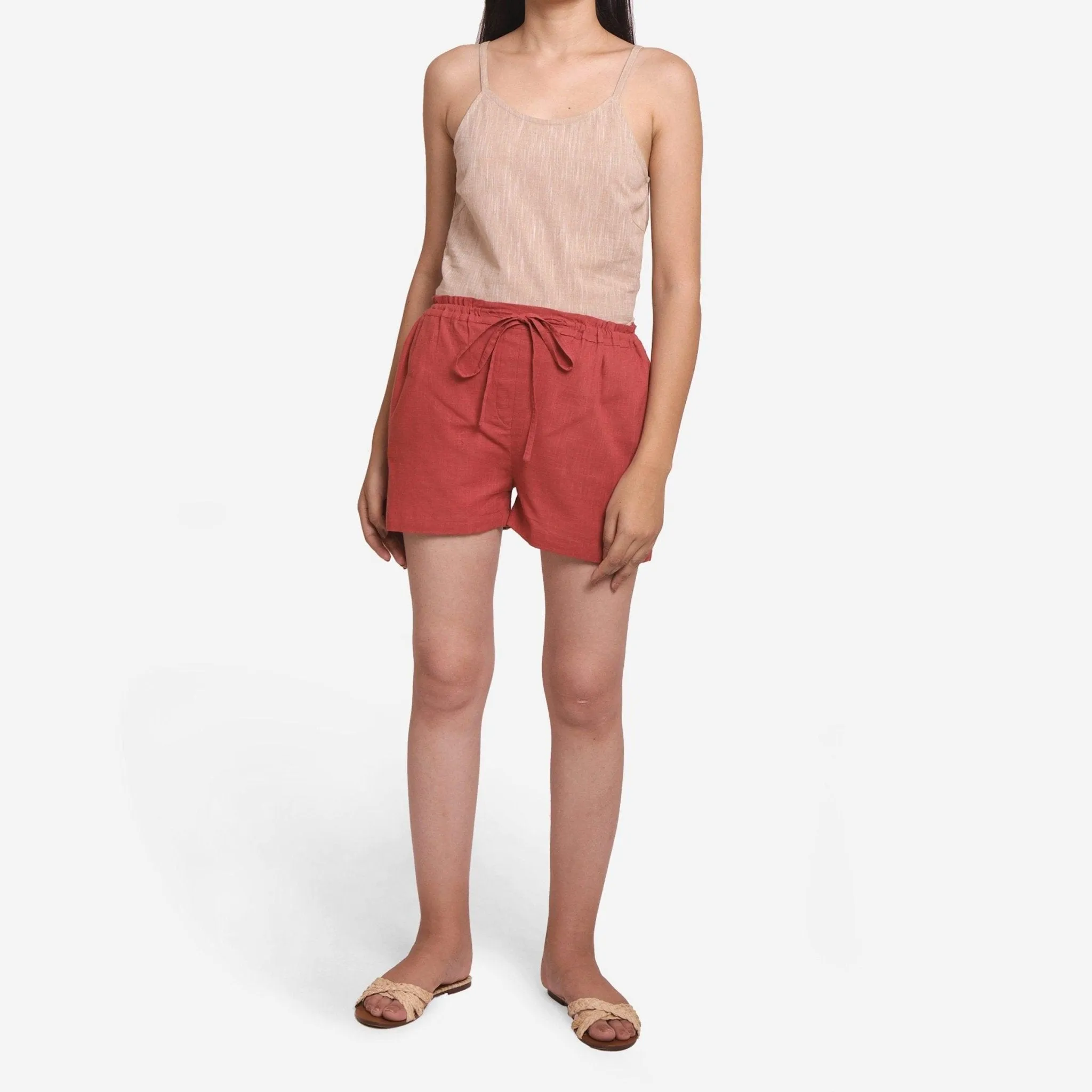 Brick Red Cotton Elasticated Mid-Rise Shorts