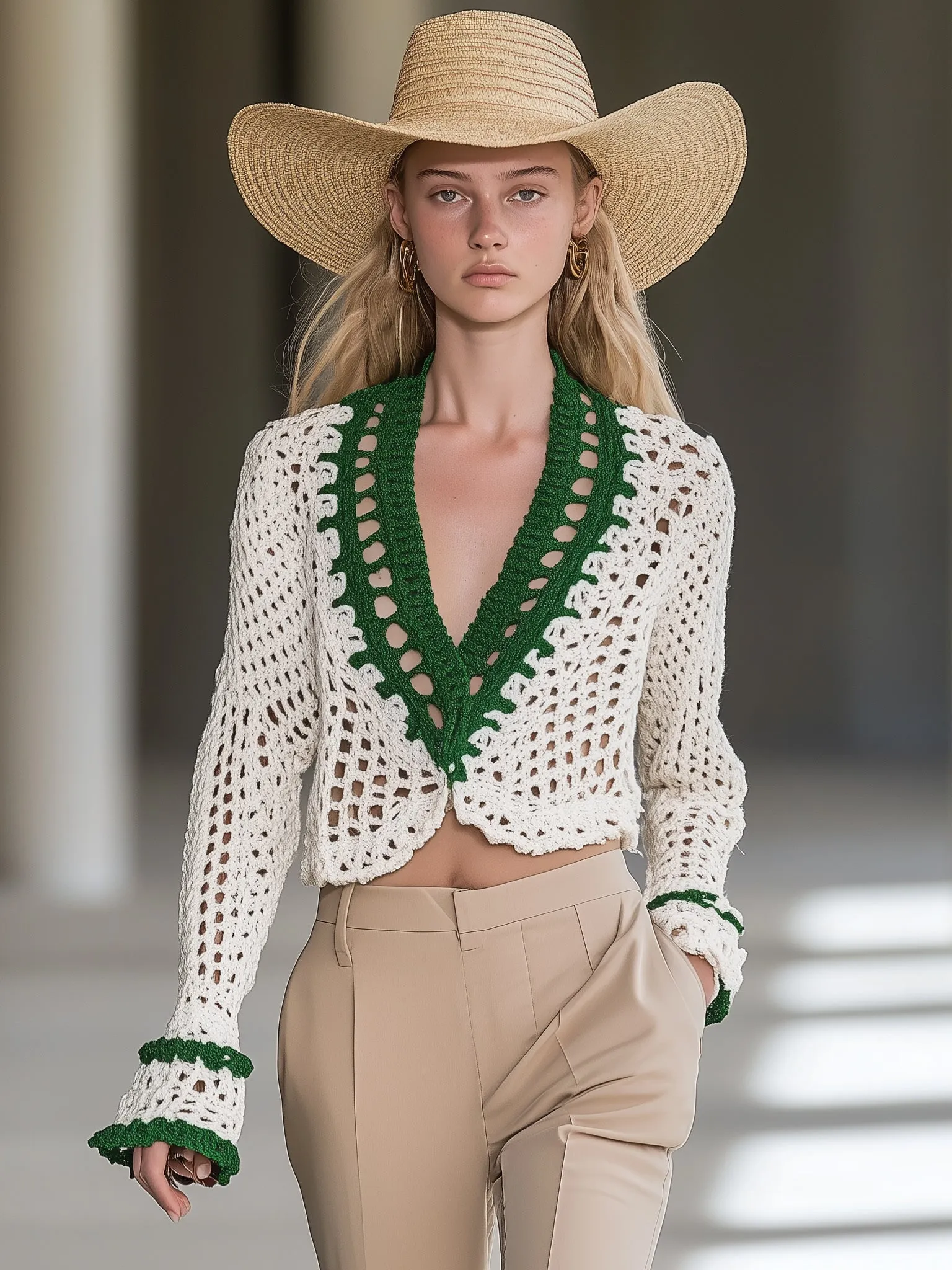 Casual Elegant Contrast Crochet Long Sleeve Top