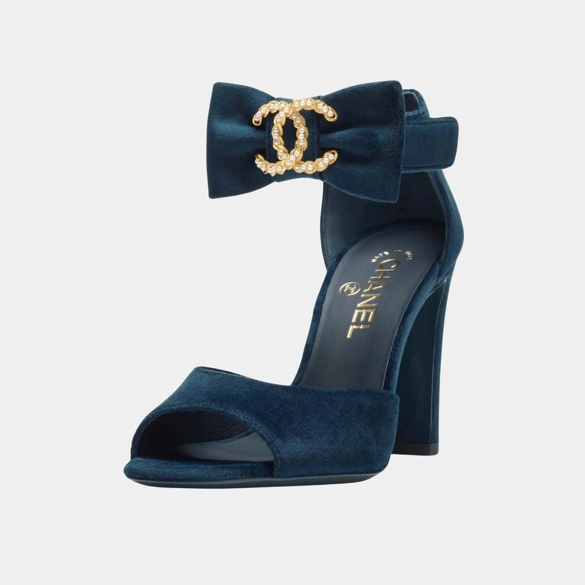 Chanel Sandals Velvet, Imitation Pearls  Metal Dark Blue
