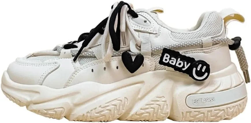 Chunky Sneakers for Women & Girls with Love Charms - White Breathable Mesh Cute Shoes for Back-to-School, Beach Travel & Hiking, Birthday Gifts, Retro Y2K Kawaii Streetwear, Comfy Minimalist