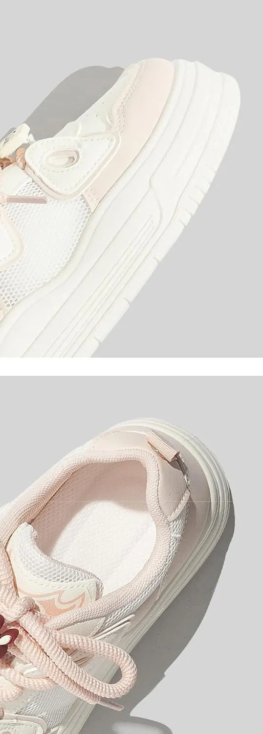 Cute Rabbit & Smiling Charms Chunky Sneakers for Women & Girls - Y2K Retro Shoes with Breathable Mesh, Comfy Orthopedic Thick Sole Casual White Trainer for Back to School, Beach Travel, Kawaii