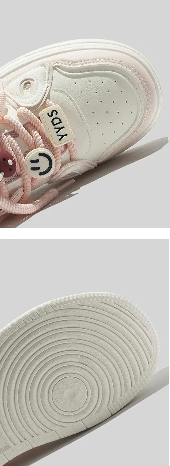 Cute Rabbit & Smiling Charms Chunky Sneakers for Women & Girls - Y2K Retro Shoes with Breathable Mesh, Comfy Orthopedic Thick Sole Casual White Trainer for Back to School, Beach Travel, Kawaii