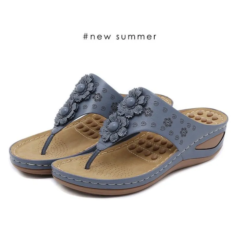 Cuzcare Summer Sandals For Women 3D-Flower Massage Insole Flip-flops