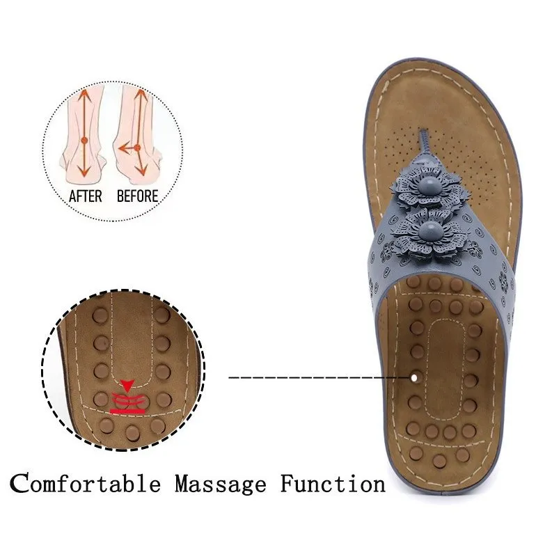 Cuzcare Summer Sandals For Women 3D-Flower Massage Insole Flip-flops