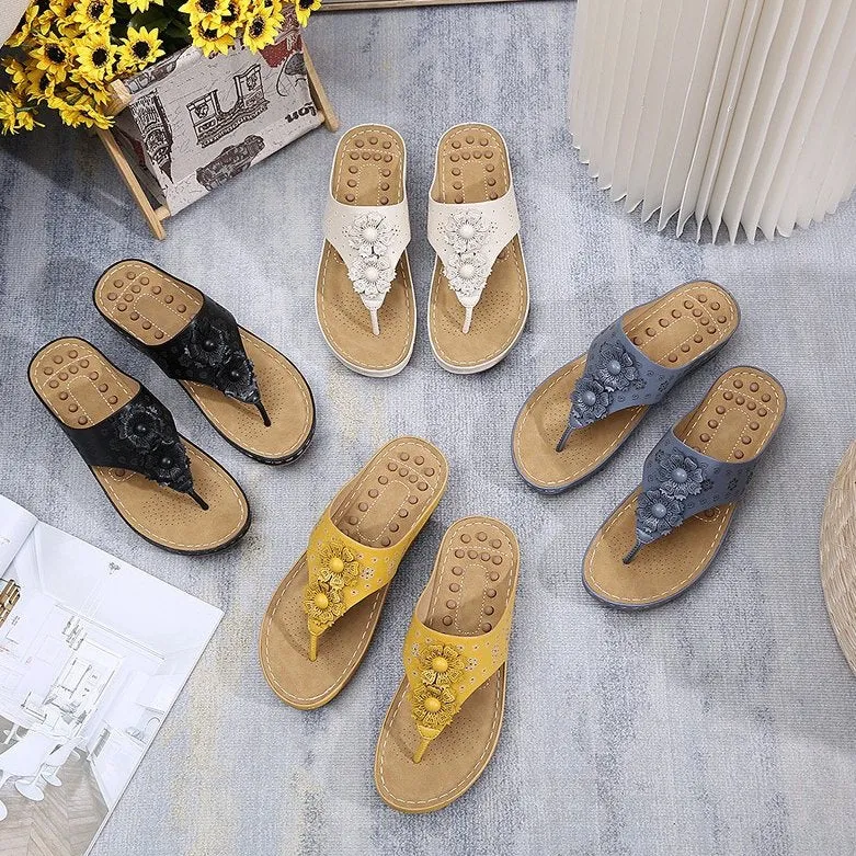 Cuzcare Summer Sandals For Women 3D-Flower Massage Insole Flip-flops
