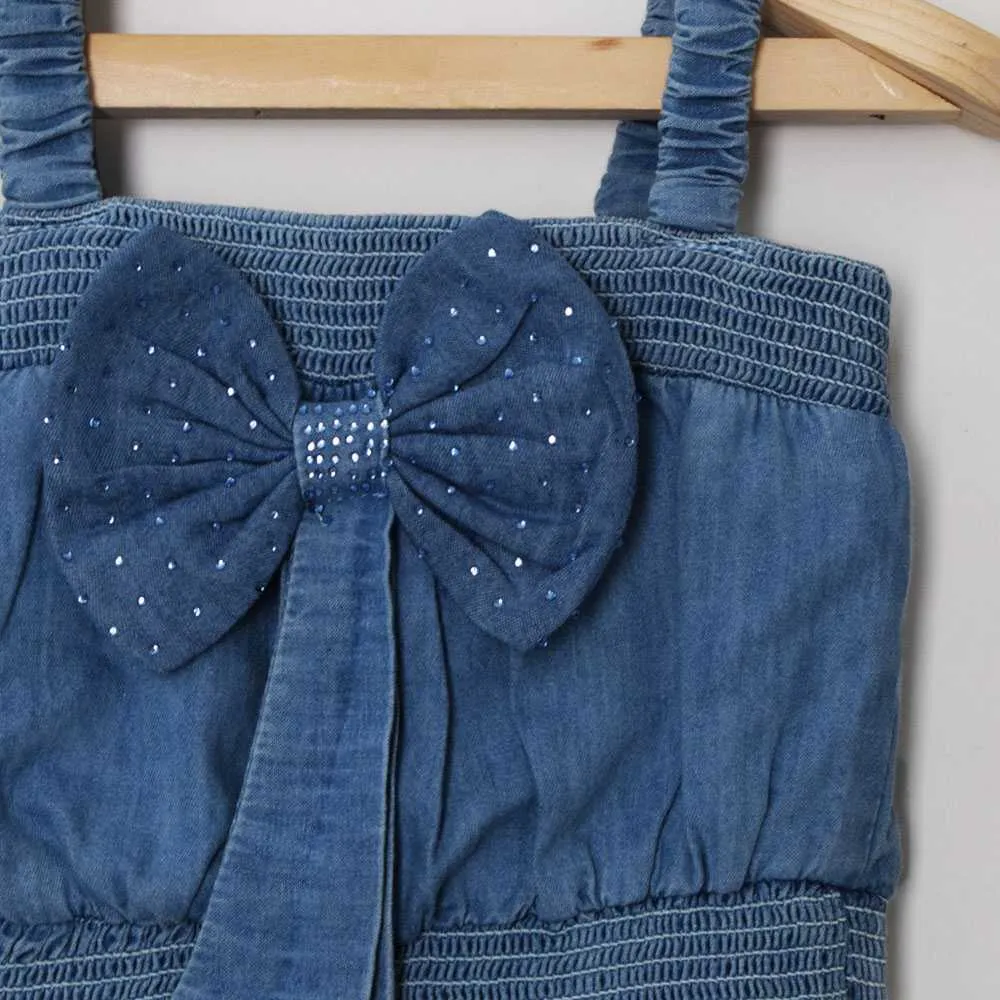 Denim Bow Crop Top With Joggers Co-Ord Set-Light & Dark Blue