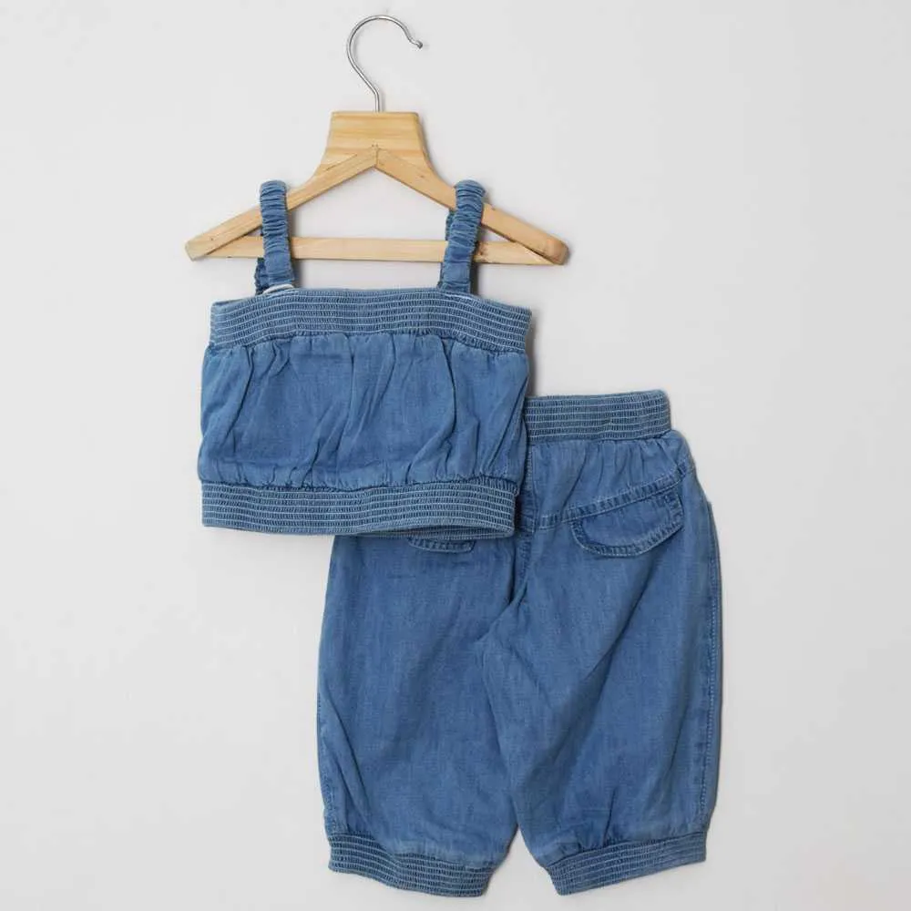 Denim Bow Crop Top With Joggers Co-Ord Set-Light & Dark Blue