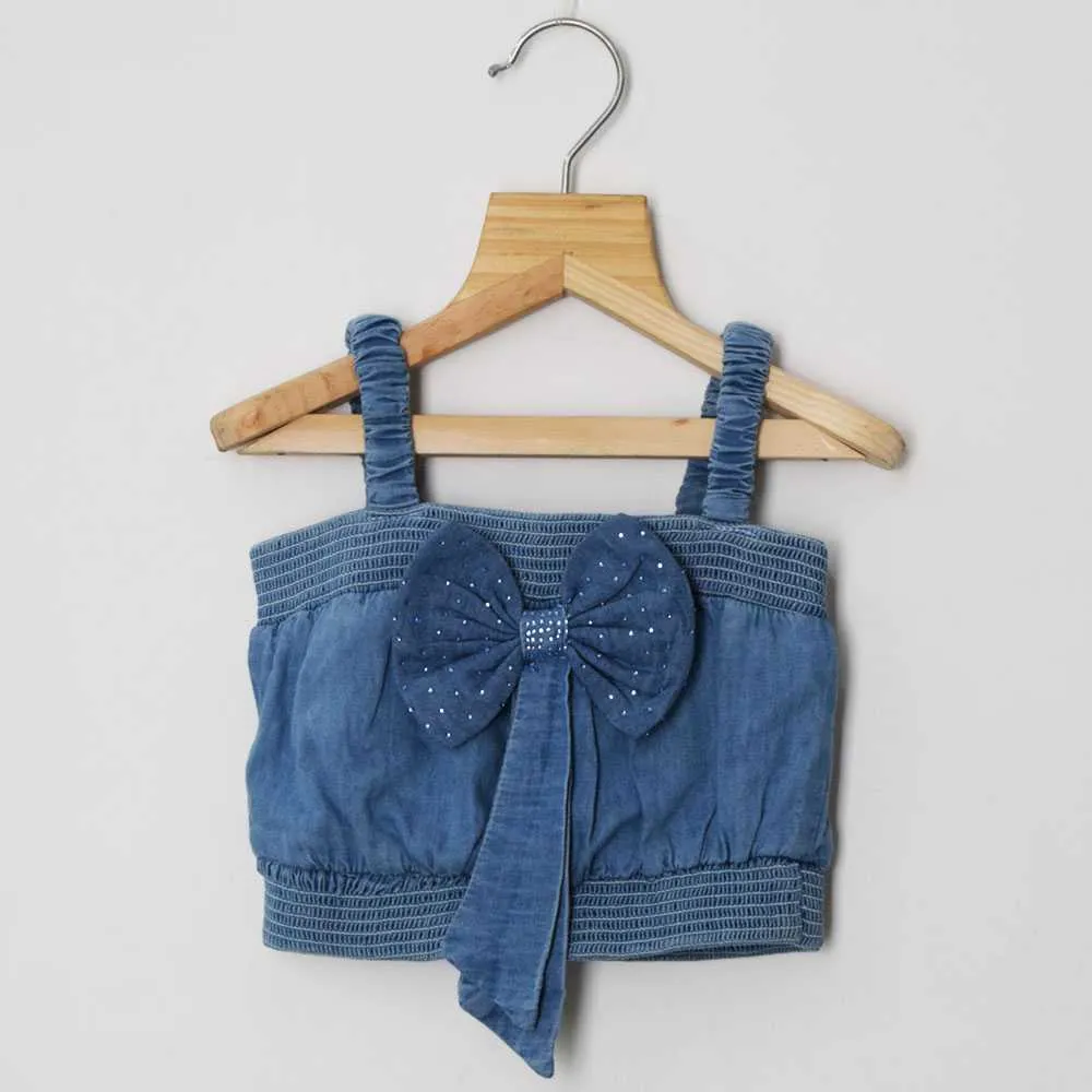 Denim Bow Crop Top With Joggers Co-Ord Set-Light & Dark Blue