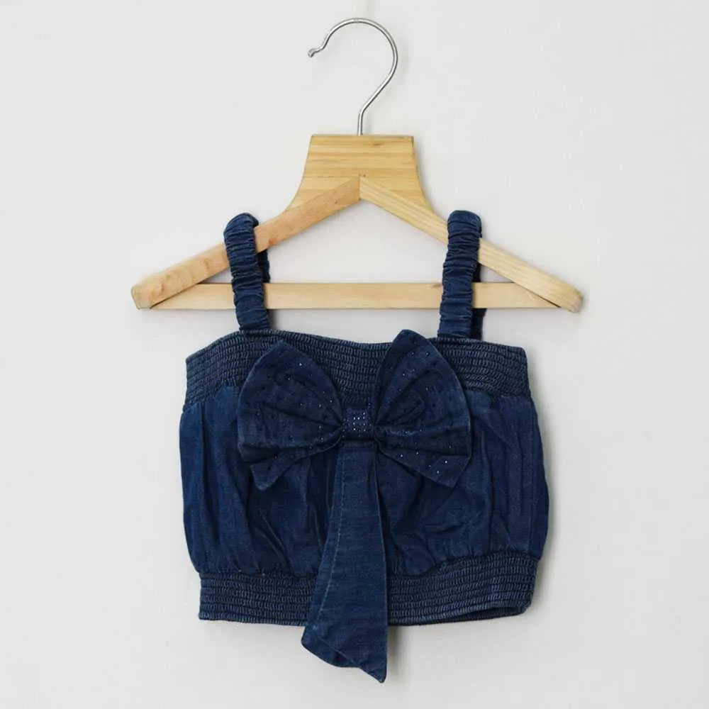 Denim Bow Crop Top With Joggers Co-Ord Set-Light & Dark Blue