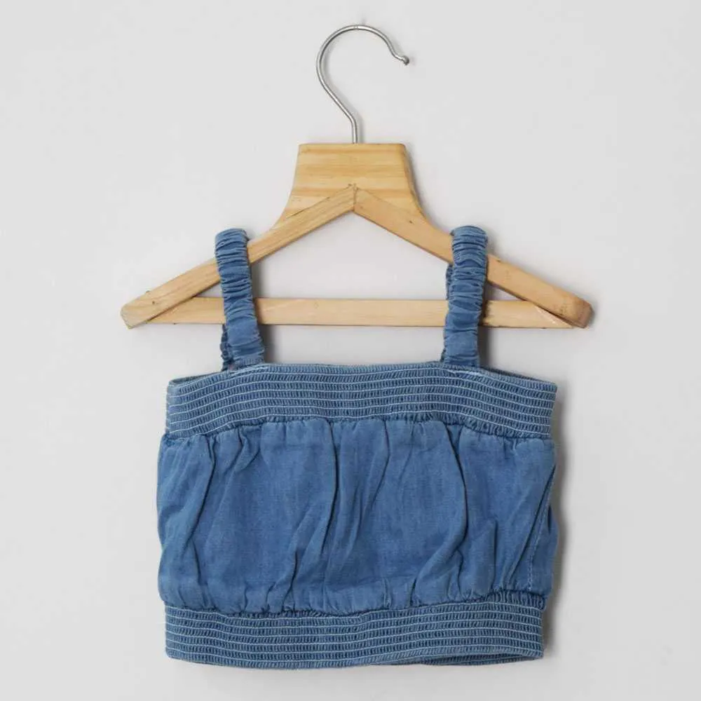 Denim Bow Crop Top With Joggers Co-Ord Set-Light & Dark Blue