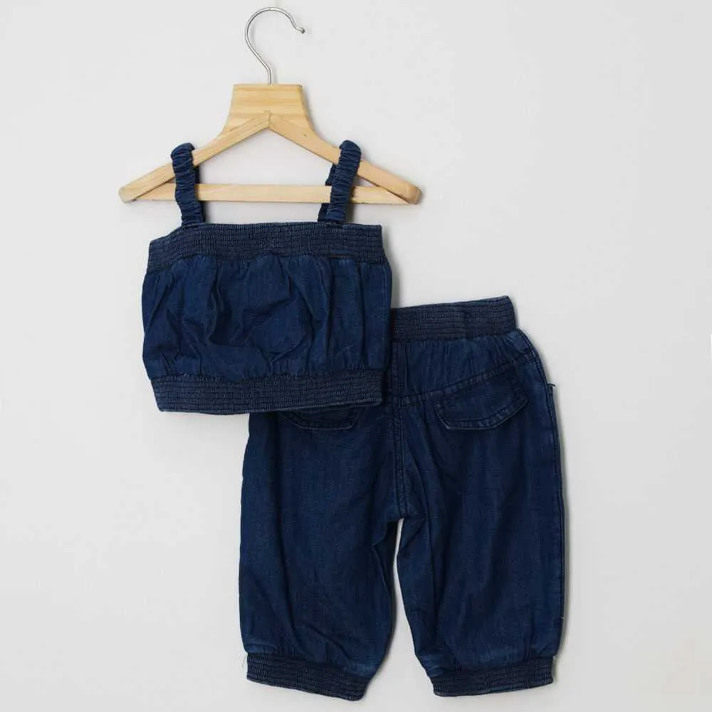 Denim Bow Crop Top With Joggers Co-Ord Set-Light & Dark Blue