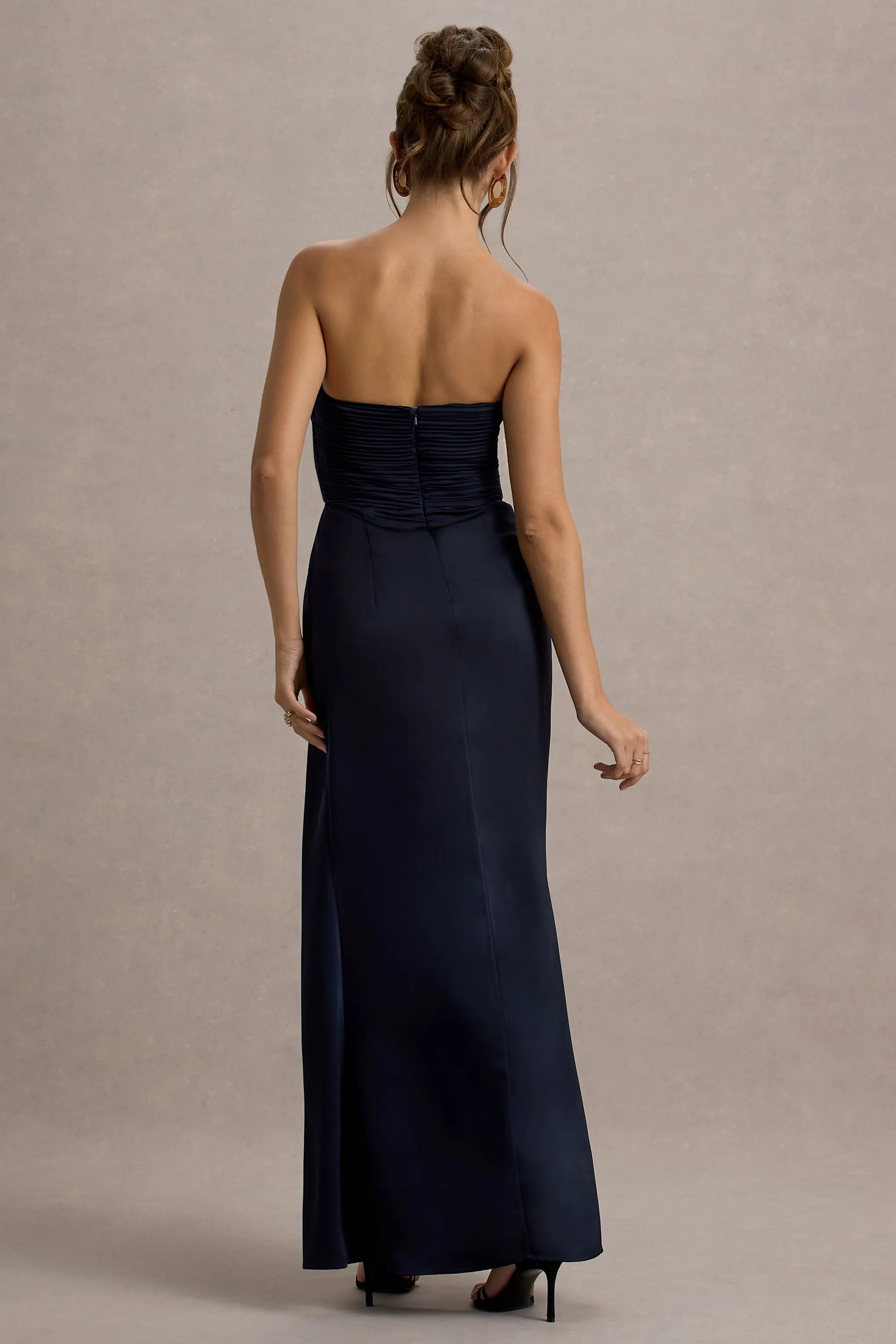 Edel | Navy Satin Strapless Maxi Dress With Drape