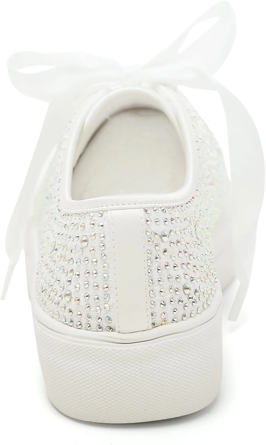 Elivandon 9995 Wedding Shoes Lace Bridal Sneakers 1.46" Platform Bride Tennis Shoes Sparkling Rhinestone Wedding Sneakers