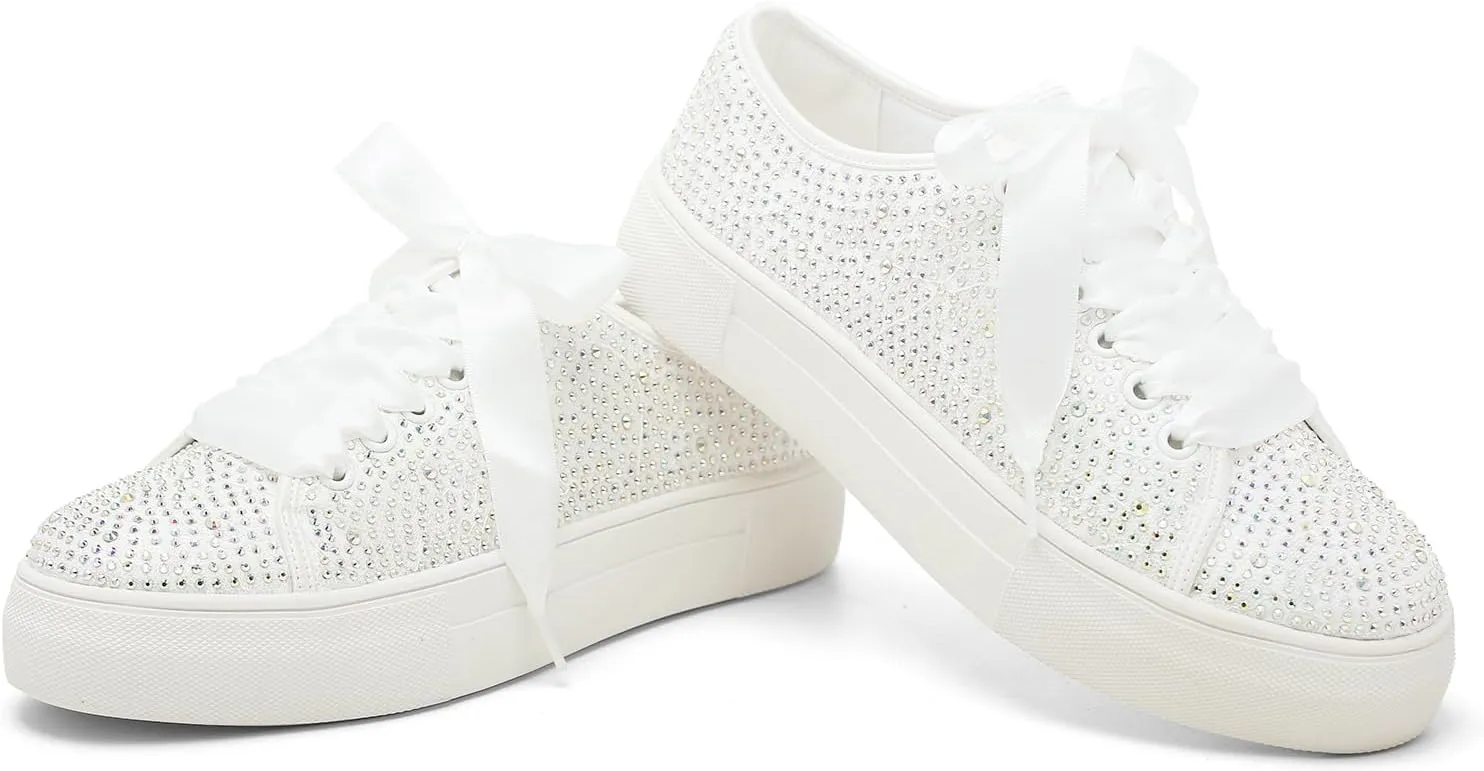 Elivandon 9995 Wedding Shoes Lace Bridal Sneakers 1.46" Platform Bride Tennis Shoes Sparkling Rhinestone Wedding Sneakers