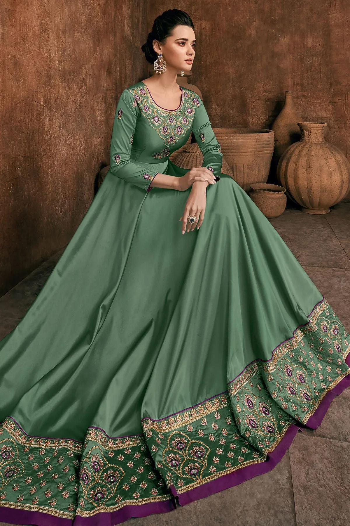 Fern Green Reyon Party Wear Anarkali Suit